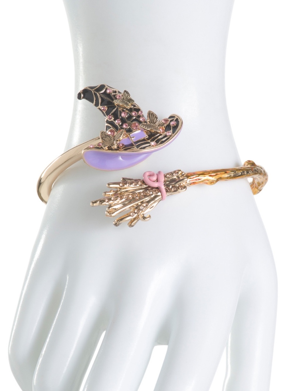 Betsey Johnson Gold Tone Witch Hat & Broom Bracelet with Purple and Pink Accents